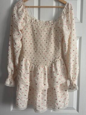 Cream Mini Dress with Pink Heart Smocked Bodice